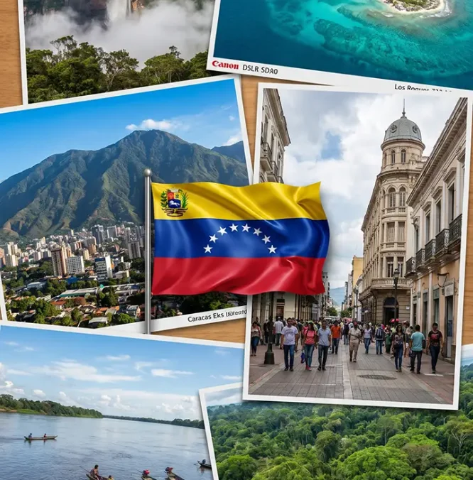 a collage made of 6 venezuelan tourism places, (salto angel, los roques, el avil (1)